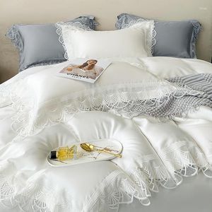 Bedding Sets Natural Lyocell Fibre Soft Silky Pure Colour Princess Set White Lace Edge Smooth Duvet Cover Bed Sheet Pillowcases