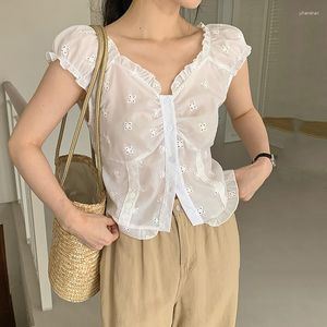 Women's Blouses Hollow Out Flower Embroidery Shirt French Gentle Temperament Short Sleeved Unique And Age Reducing Ear Edge Shirts