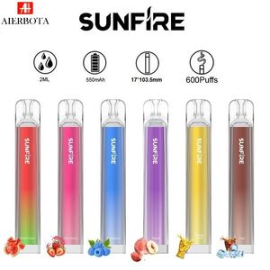 Puff 600 Sunfire Kristalleri 6 Renk Tek Kullanımlık Vape E-sigaraları Elektronik Sigara 400mAh Pil 2.0ml Ön Doldurulmuş Çubuk Taşınabilir Çubuk 0mg 20mg 30mg 50mg