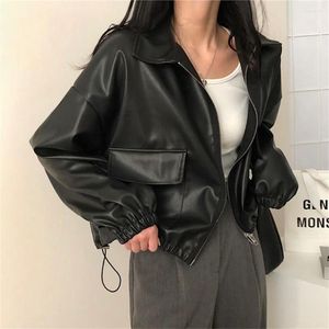 Women's Leather Stylish Classic PU Jackets Women Pockets Zipper Solid Loose 2023 Autumn Minimalist Chic Office Lady Mujer Coats
