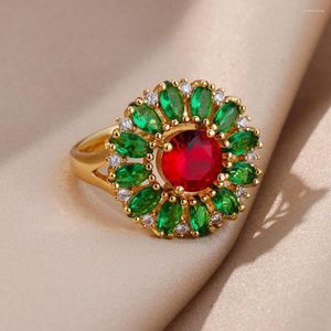 Bröllopsringar Marquise Green Stone Big Flower for Women Silver Gold Color Round Red Zircon Bands Luxury Justerbara festsmycken