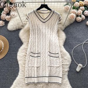 Casual Dresses Gagaok Korean Chic Summer Niche Retro Contrasting Sleeveless Knit Dress Feminine Loose Fitting Vestidos