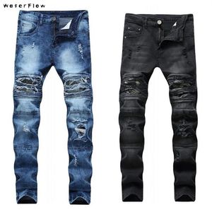 2020 New Skinny Ripped Motorrad Biker Jeans Herren Plus Size 28-42 Schwarze Tarnflecken Jeans für Männer High Stretch290i