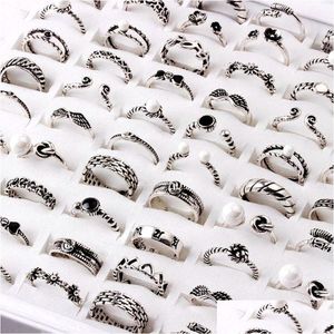 Bant halkaları moda karışımı stili 50pcs/lot metal yüzük ayarlanabilir açılış antika sier alaşım fit erkekler düğün mücevher hediye damla dağıtım dh2zm