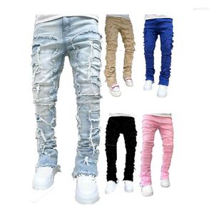 Jeans masculinos European American Heavyweight Street Stretch Patch For Men High Street Straight Fit Long Jeans16-3001