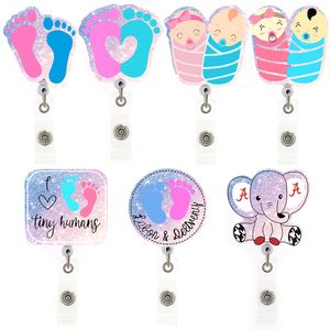 10 Pcs/Lot Fashion Key Rings Medical Office Supply NICU Baby Nurse Acrylic Badge Holder Baby Feet Elephant Badge Reel Retractable For Nurses Gift
