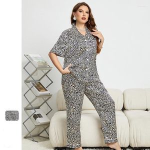 Women's Sleepwear Sexy Leopard Pinted Satin Women Pajamas Two-Piece Set Summer Short Sleeve Shirt Trouser Suit Casual Pijamas Homewear