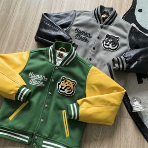 Jackets masculinos Tiger Human Made Baseball Jackets Men Women Leather Sleeve Borderyery Jacket Harajuku Coat Gross Casual Casual Casual Jaqueta Veste 230818