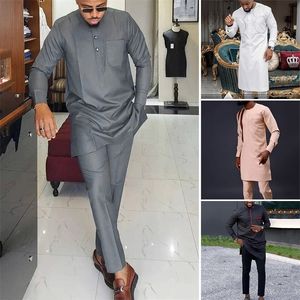 Mens Tilesuits Dashiki Men roupas 2 peças roupas de manga comprida roupas africanas para cores sólidas Casual Riche Shirt Pant Full Mens Suits 230818