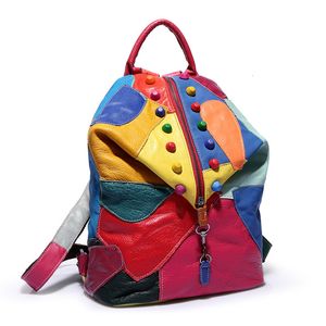Okul çantaları sırt çantası unisex gerçek deri malzeme rianbow siyah renk kız patchwork tarzı seyahat çantası 230821