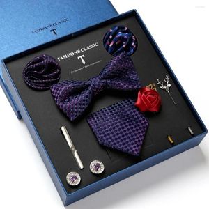 Bow Ties Lüks Seti Erkekler için Hediye Kutusu Kravatlı Bowtie Kufflinks Tie Clip Brooches 8pcs Suit Man Düğün İş Cravat