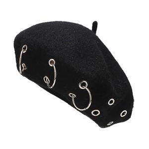 Berets Fashion Winter Berets для женщин -девочка панк -рок -стиль железные кольца Beret Caps ретро шерстяные шерсти черные шерстяные карманы 230821