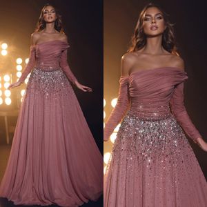 Elegant Dark Pink Evening Dresses Off Shoulder Beads Waist Long Sleeves Party Prom Dress Formal Long Red Carpet Dress for special occasion