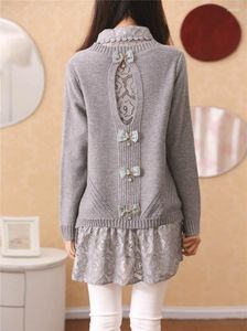 Women's Sweaters Sweet Pullover Sweater Women 2023 Autumn Casual Lace Dress Set Back Hollow Out Bow Patch Plus Size Long
