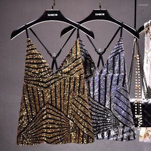 Women's Tanks Fashion Sexy Sparkling Sequins Heavy Industry Suspender Skirt A-line Loose Deep V Low-cut Cross Open-back Top Women