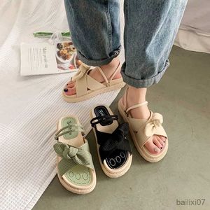 Sandalen Neue Frauen Sandalen Mode Schmetterlingsknoten Feenstil Dicke Soled Female Flachschuhe Freizeit-Sommer-Damen Pantoffeln Sandalien R230821