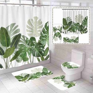 Shower Curtains Banana Leaf Shower Curtain Set Non-Slip Rug Bathroom Accessories Tropical Palm Plant Bathroom Curtain Set Botanical Floral Green R230821