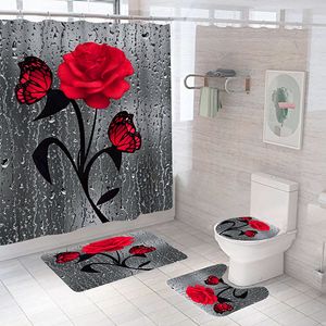 Duschvorhänge rot Rose Schmetterling Bad Anti-Rutsch-Matte Set Haltbarer wasserdichtes Duschvorhang Set Sockel Teppich Deckel Toilettenabdeckung Badematten Teppiche 230820