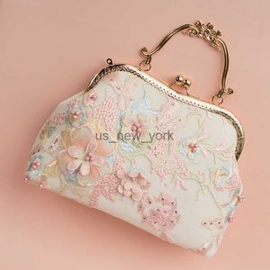 Kvällspåsar kvinnor spetsrosa lolita pärlpärlor ram dam tote vintage solid klar väska handväska med vit bomullsspets tyg hkd230821