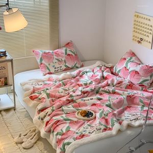 Blankets Ins Flower Tulip Warm Berber Fleece Blanket Cover With Zipper Can Put Cored For Bedroom Winter Soft Plush Coral Wool Nap