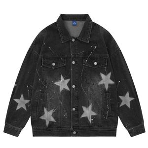 Men s Jackets Five Star Printed Tur down Collar Jean y2k Men Autumn Denim Jacket Blue Black Streetwear Clothes 230821