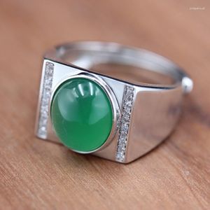 Cluster Rings Real 925 Sterling Silver Vintage Green Chalcedony Ring Large Male