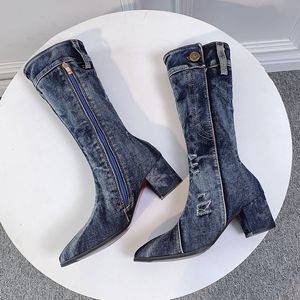 Buty Sexy Jean Women S Mid Calf But Zipper High Heel Woman Stylish Dżins Dams Denim Buty Kowboj 230821