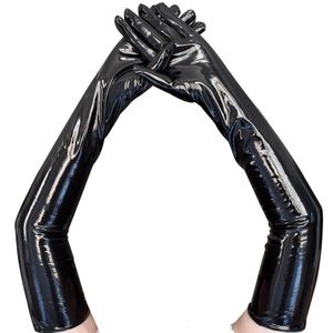 5本の指の手袋大人セクシーな長い黒いラテックス手袋メタリックウェットルックフェイクレザーグローブクラブウェアダンスキャットスーツコスプレアクセサリーミトン230821