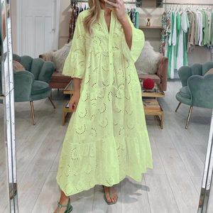 Casual Dresses Women Solid Color Embroidery Lace Maxi Dress Loose V-neck 3/4 Flared Sleeve Sexy Hollow Out Half Placket Ruffle Hem Long