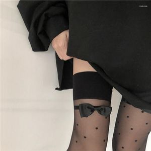 Kadın Çorap Diz Çorapları Kadın İnce Yay Retro Dotlar Baskı Seksi Siyah İpek Japon Sevimli Tutuşlar