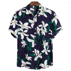 Herren lässige Hemden 2023 Sommer Modekleidung junge Männer losen Strandstil Kurzarm Blumenblumen -Top schwarze Druckhemd