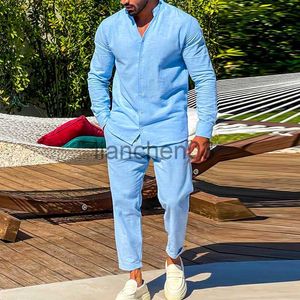 Herrspårar Bomull Linen Men set Spring Summer Casual Long Sleeve Knapped Stand Collar Shirt och byxor Två stycken Suits Men Streetwear J230821