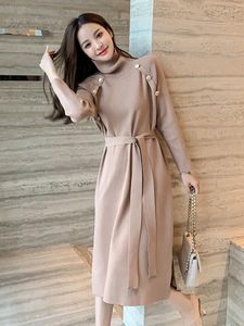 Casual Dresses Runway French Bodycon Women Fall Turtleneck Long Knee Length Elegant Sweater Knitted Clothing Lace-Up Dress Vestido