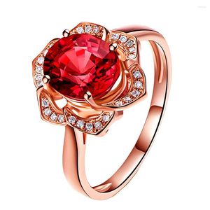 Ringos de cluster formato de flor rubi pedras vermelhas cristal vermelho para mulheres diamantes de zircão de ouro rosa jóias bijoux bague