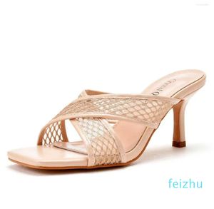 Sandals Women Heels Buckle Strap Slip-On Basic PU Thin Fashionable Temperament Shoes Apricot