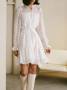 Casual Dresses Women's Summer Floral Dress Chic Ruffled Lace Up Puff Sleeve Mini Elegant A-Line Flared Female