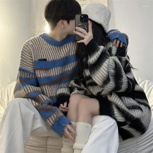 Men's Sweaters 2023 Winter Fashion Trend Loose Pullover Couple Clothes Knitting Slouchy Stripe Printing Wool Sweater Black/blue Coats