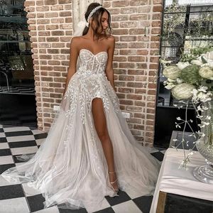 2023 Sexy Beach Boho A Line Wedding Dresses Marriage Bridal Gowns For Bride Elegant Lace Beads Strapless Illusion Sheer Sleeveless High Side Split Princess Plus Size
