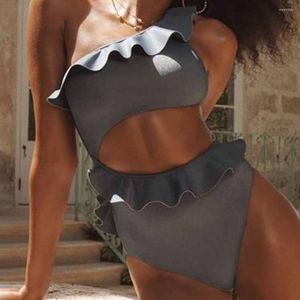 Kvinnors badkläder One-Shulder Ruffle Solid Swims Swims Duit Women 2023 Bara midjan Bikini Push Up Two Piece Beachwear Bathing Suit