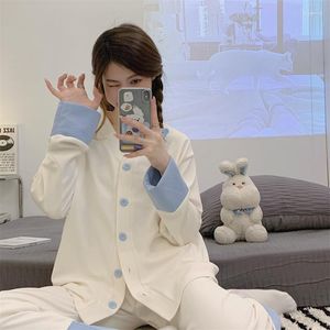 Pijama para dormir feminino 2023 Spring Waffle Troushers Sleeved Cardigan Cardigan Cardigan Clothes de duas peças japonês Terno de duas peças