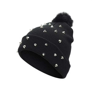 Beanie Skull Caps Women Punk Rivet Winter Hat Black Big Pom Fashion Sticked Wool Thick Warm Ladies284m