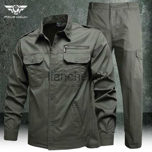 Menina de tracksuits de primavera Trabalho de trabalho Conjunto de roupas homens Táticas de algodão militar Cirtas de algodão e calça de carga Exército Green Causal Soldes Summer J230821