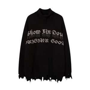 Men's Sweaters Half High Collar Gothic Women Y2k Knitted Sweaters Oversize Long Sleeve Pullovers Ripped Sweater Harajuku Winter Streetwear Tops 230815