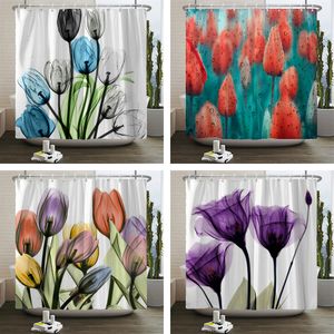 Shower Curtains Tulip Rose Flowers style Shower Curtains with Hooks Floral Creative Printing Bathroom Curtains Waterproof Polyester Bath Curtain 230820