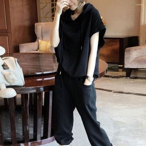 Women's Two Piece Pants Women Hoodie Set Solid Color Short Sleeve Hooded Tops Elastic Waist Loose Casual Trousers Conjuntos De Pantalones