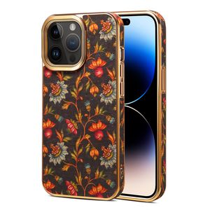 豪華なメッキフラワープリントヴォーグ電話ケースiPhone 15 15 14 13 12 Pro Max耐久性シニアスタイリッシュフル保護ソフトバンパーエスニックスタイルの木材カバーショックプルーフ