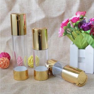 Gold Cosmetic Airless Lotion Bottle Essence Serum Packaging Pump flaskor 15 ml 30 ml 50 ml tomma sminkbehållare 100 st qkonh