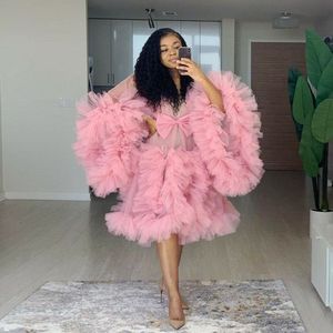 2023 Dusty Pink Ruffles Short Cocktail Dresses Tulle Long Sleeve Women Sexy Kimono Pregnant Evening Sleepwear Women Bathrobe Sheer Nightgown Robe Shawel