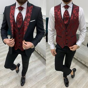 Fashion Men Suits For Wedding Print Painting Tuxedos Peak Lapel Groom Wear Party Prom 3 Pcs Jacket Pants Vest Custom Made