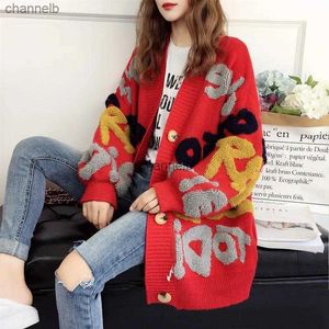 Kvinnors stickor Tees Fashion Loose Overized Sticked Cardigan Women kläder Netred Casual Elastic Ladies Beautiful Letter Sweater Cardigan HKD230821